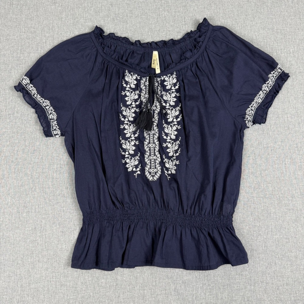 Truth NYC Navy Blue Embroidered Boho Peasant Top Size M Tassel Smocked Waist